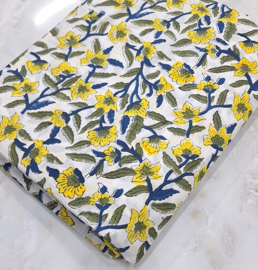 Yellow Floral Hand Block Print Cotton Fabric, Indian Cotton Fabric by Yard, Soft Summer Dress Fabric, Boho Floral Sewing Fabric, Napkins