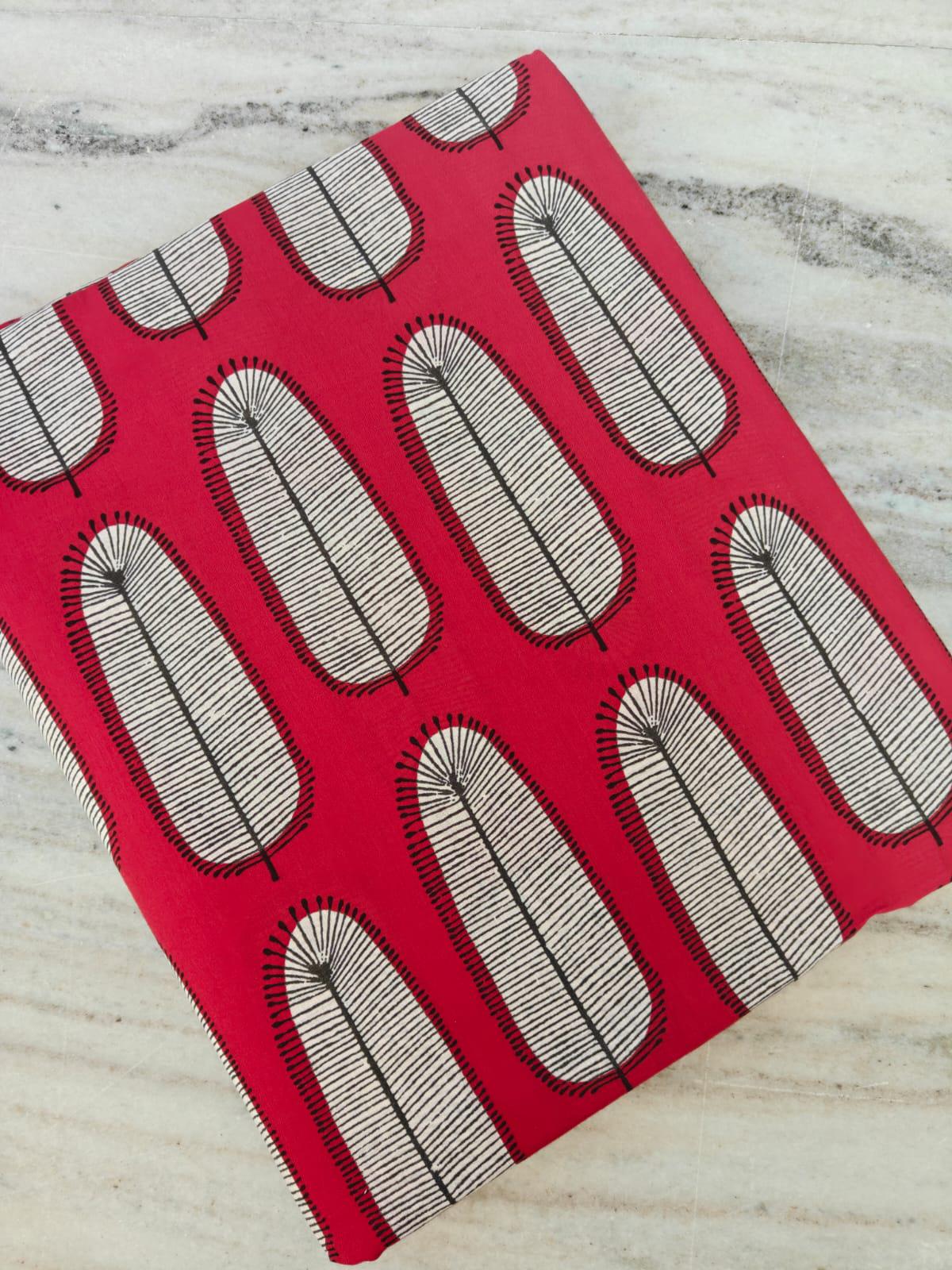 Designer Red Feather Print Cotton Fabric | Modern Leaf Pattern | Soft Indian Fabric by the Yard for Quilting, Sewing & Dressmaking | Gifts