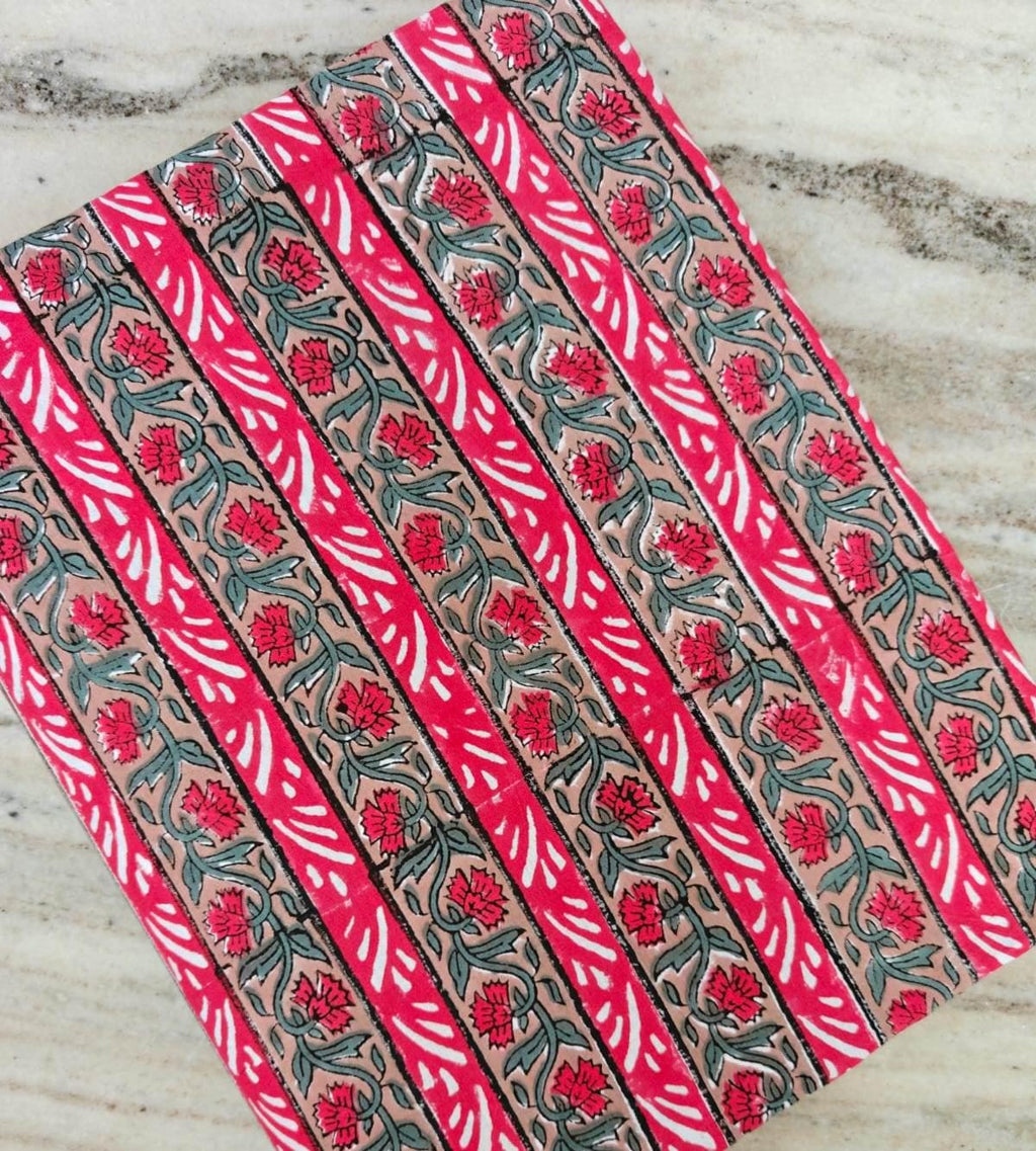 Floral Stripe Cotton Fabric, Red Pink Botanical Border Print, Hand Block Style Cotton, Dressmaking Quilting Craft Fabric Ethnic Textile Yard