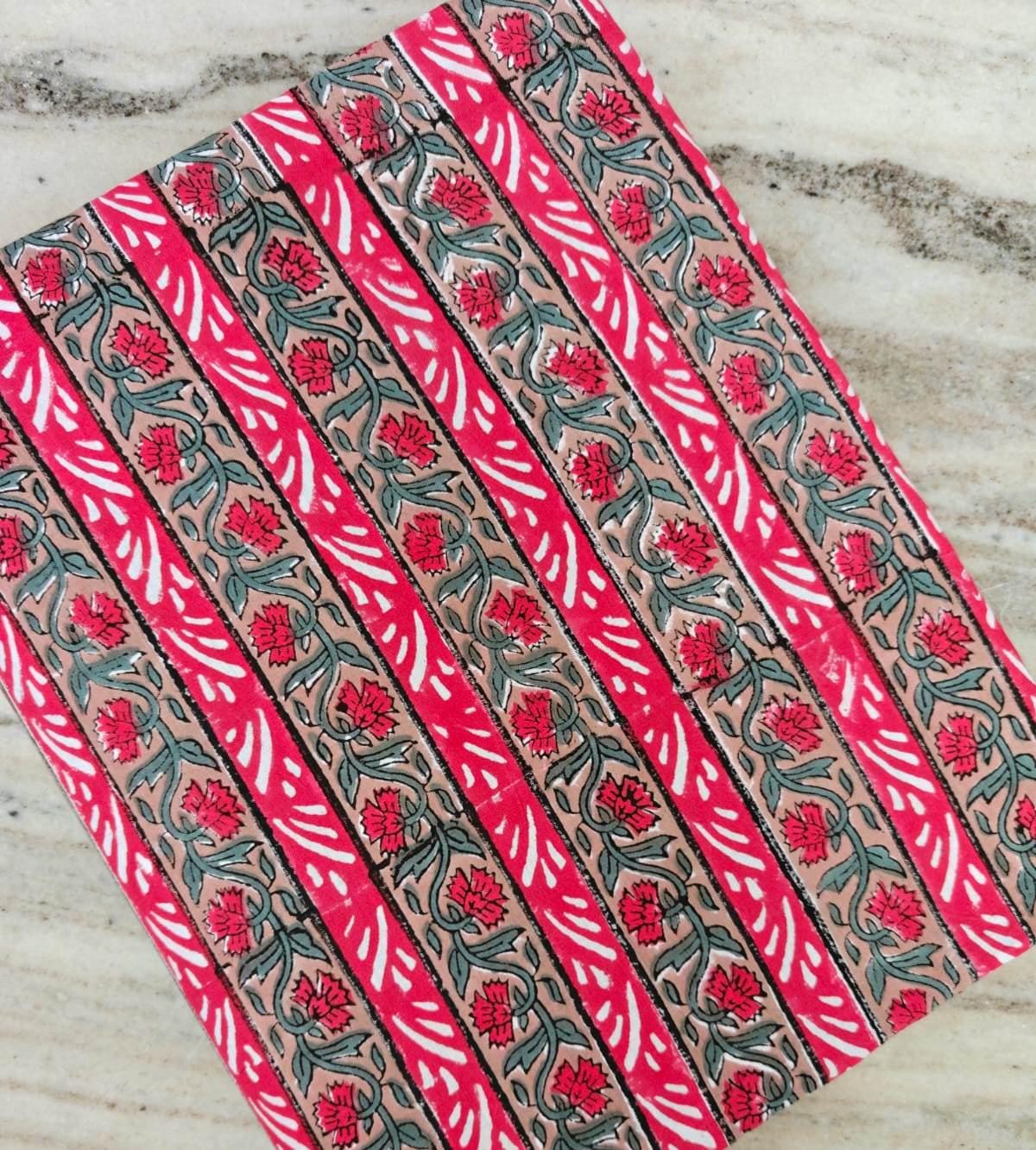 Floral Stripe Cotton Fabric, Red Pink Botanical Border Print, Hand Block Style Cotton, Dressmaking Quilting Craft Fabric Ethnic Textile Yard