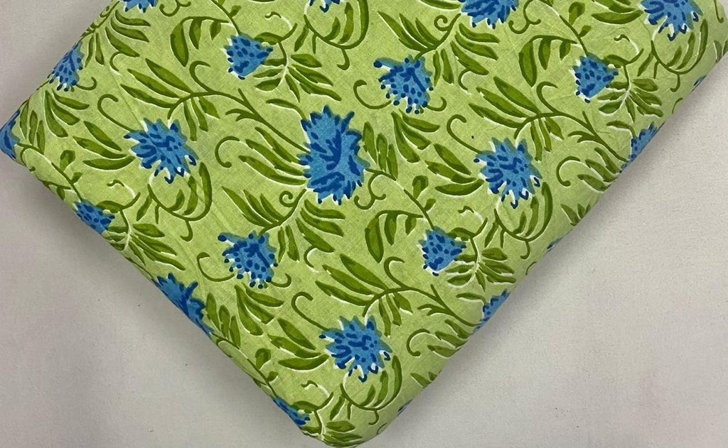 Green Indian Hand Block Print Fabric, 100% Cotton Quilting Fabric By The Yard, Fabric For Dress Making, Loose Running Fabric, Napkin Fabric