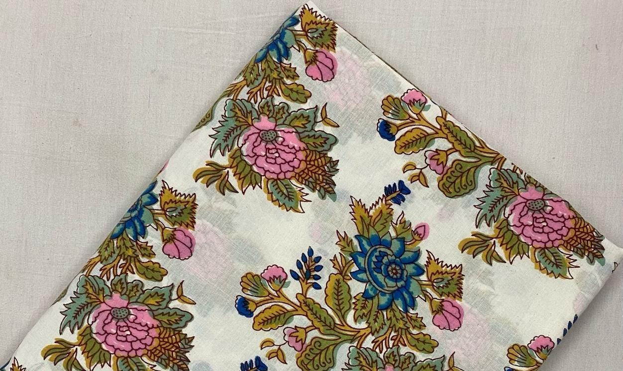 Hand Block Printed Cotton Fabric, Vintage Floral Cotton Fabric by Yard, Multicolor Indian Textile, Blue Pink Flower Soft Lightweight Fabric