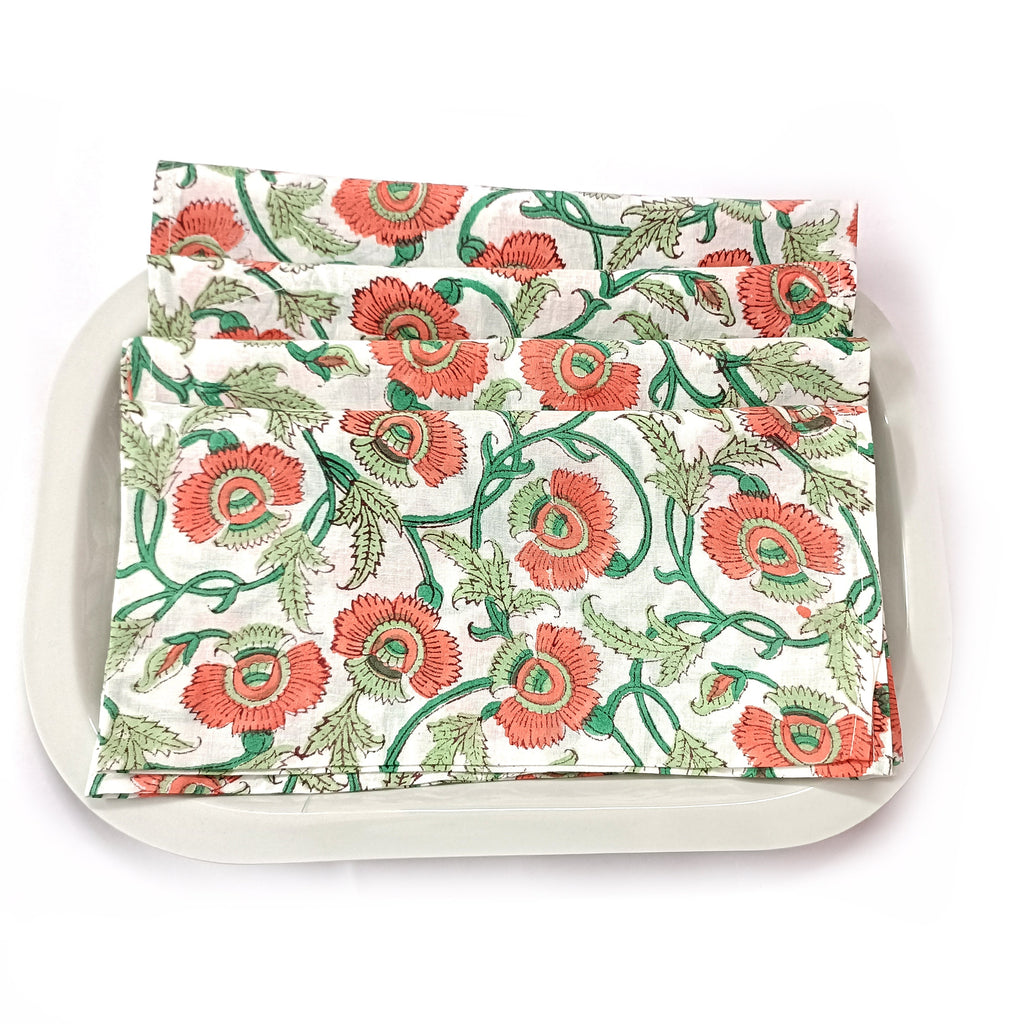 Hand Block Printed Cotton Napkins: Indian Floral Dinner Napkins, 18x18 Inches