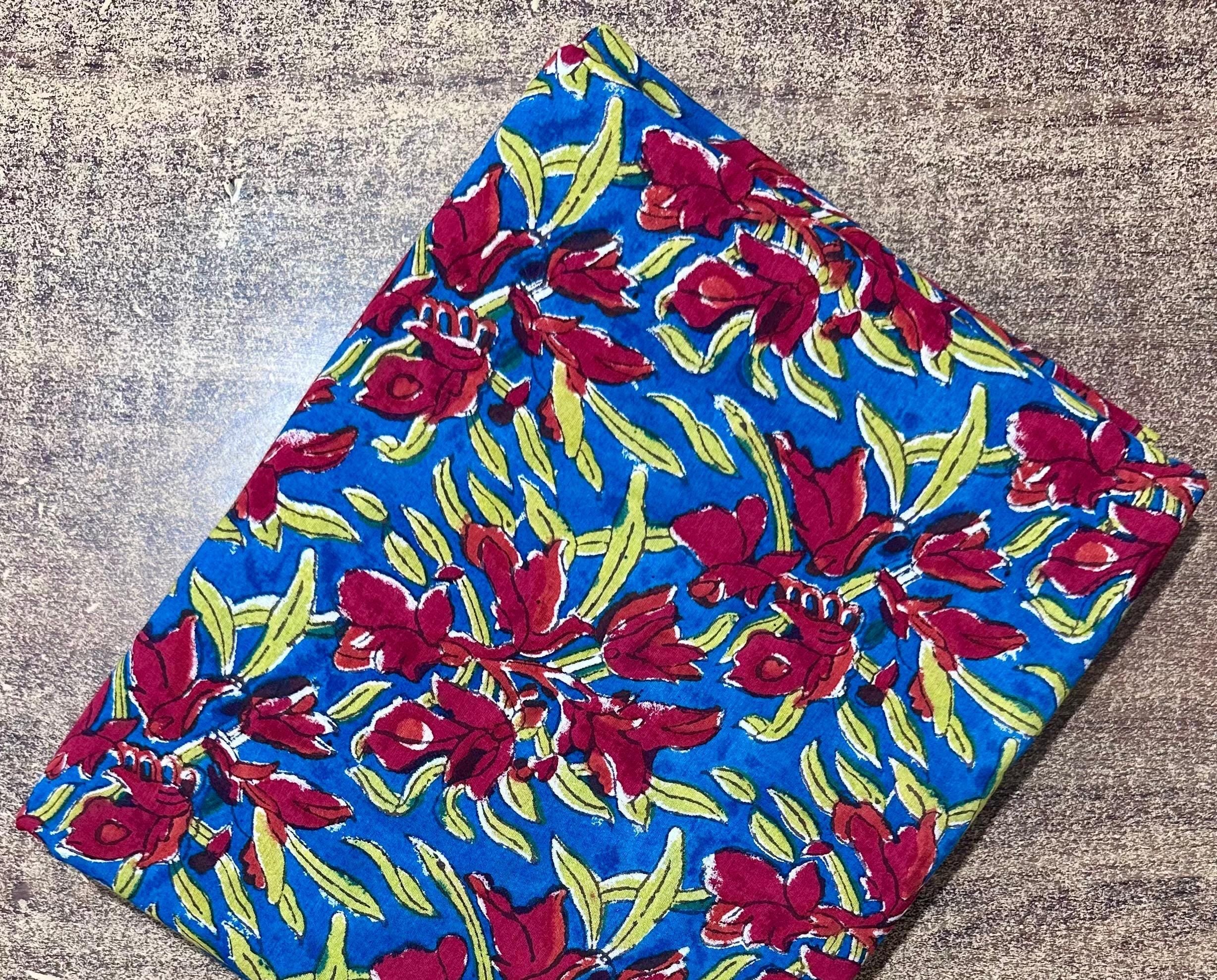 Blue Floral Block Print Cotton Fabric by the Yard | Indian Handmade Cotton for Sewing, Quilting & Dressmaking | Printed Floral Fabrics