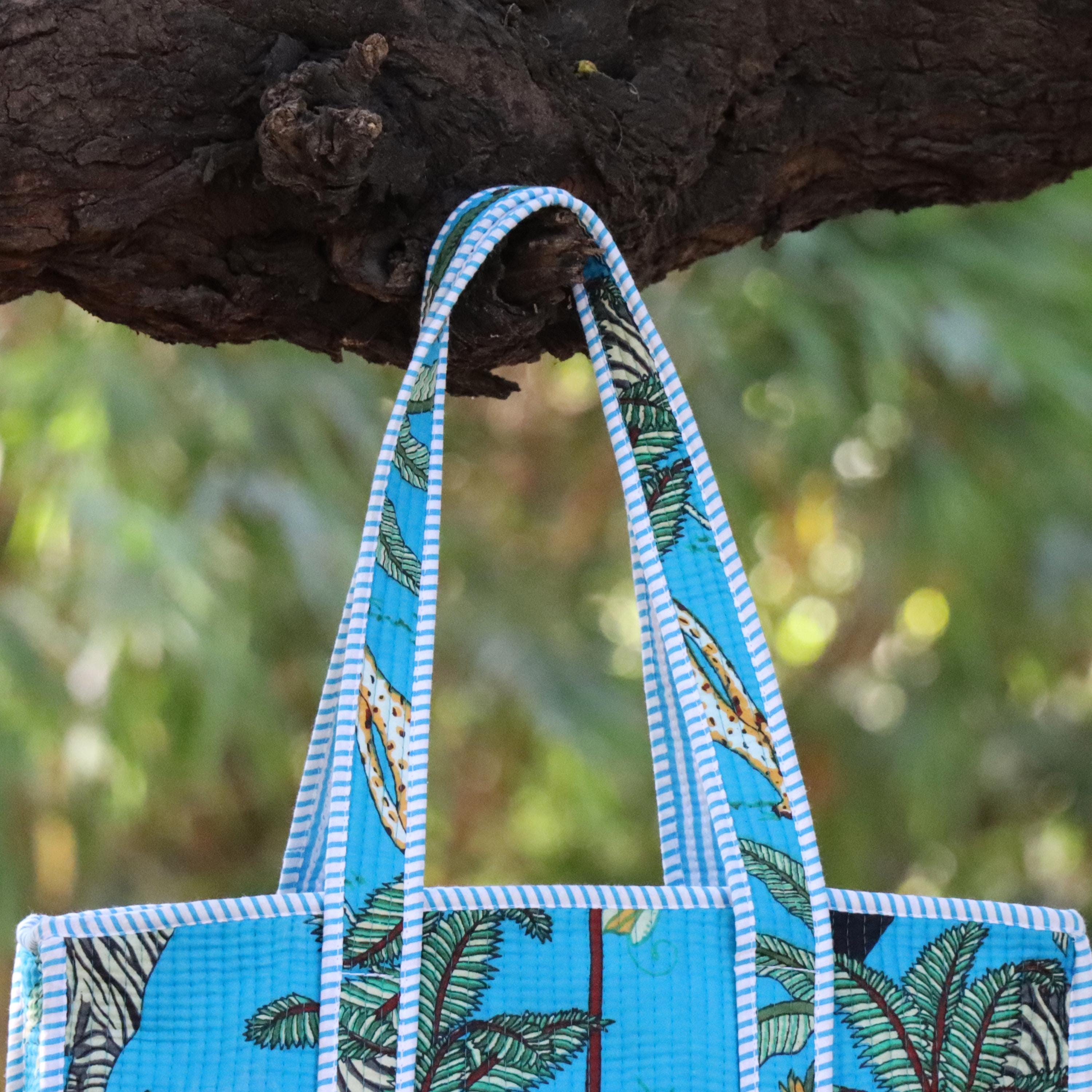 Blue Jungle Print Tote Bag, Handmade Cotton Tote, Animal Print Bag, Eco Friendly Shopping Bag, Beach Tote, Reusable Grocery Bag Gift for Her