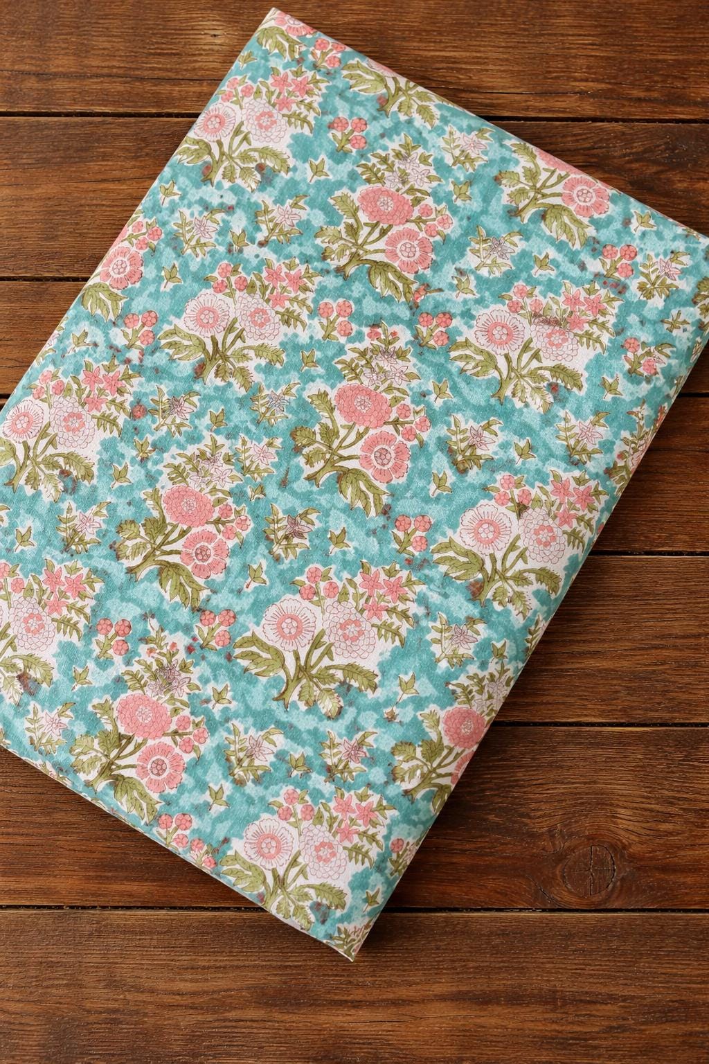Floral Block Print Cotton Fabric | Turquoise Blue Handmade Indian Cotton Cloth | Sewing Quilting Dress Material | Kimono Fabric | Gift Dress