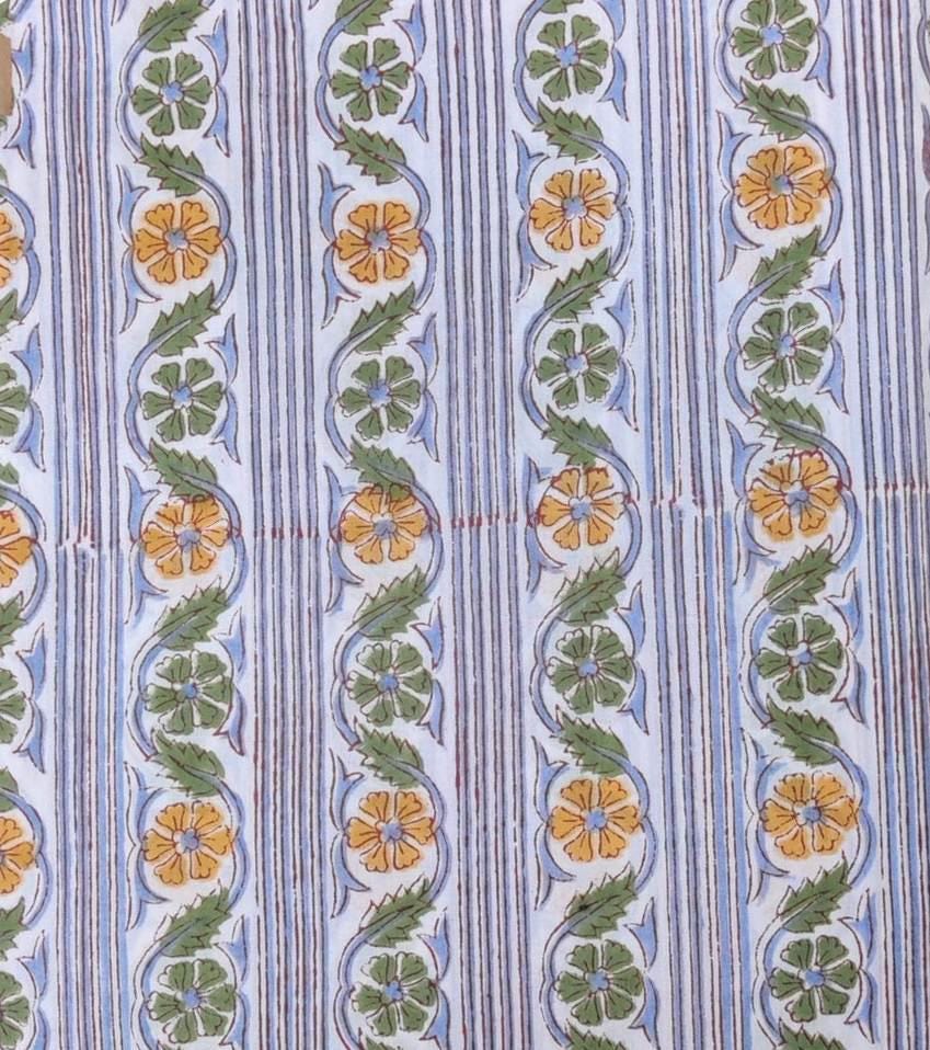 White Cotton Fabric with Yellow Green Floral Stripes, Hand Block Print Fabric by the Yard, Soft Indian Cotton for Quilting, Dressmaking
