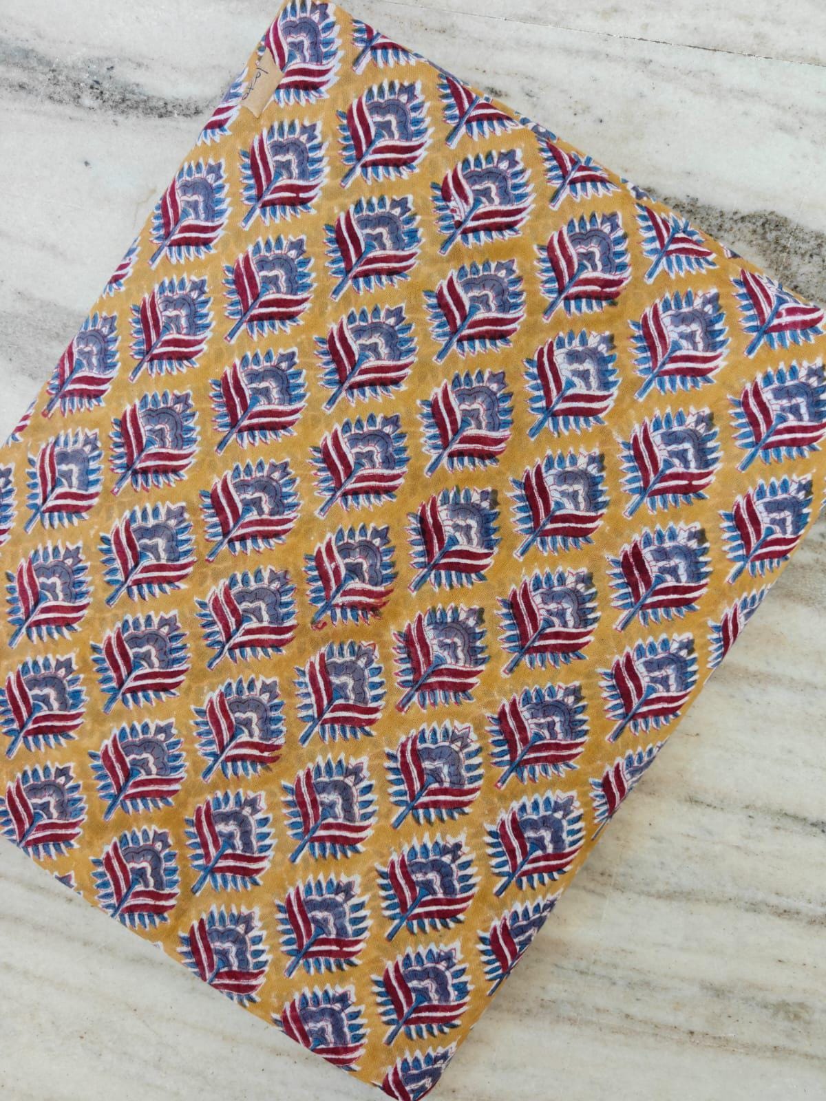 Vintage Mustard Yellow Flower Cotton Fabric, Leaf Motif Design Yellow Paisley Cotton Fabric, Hand Block Printed Indian Fabric by the Yard
