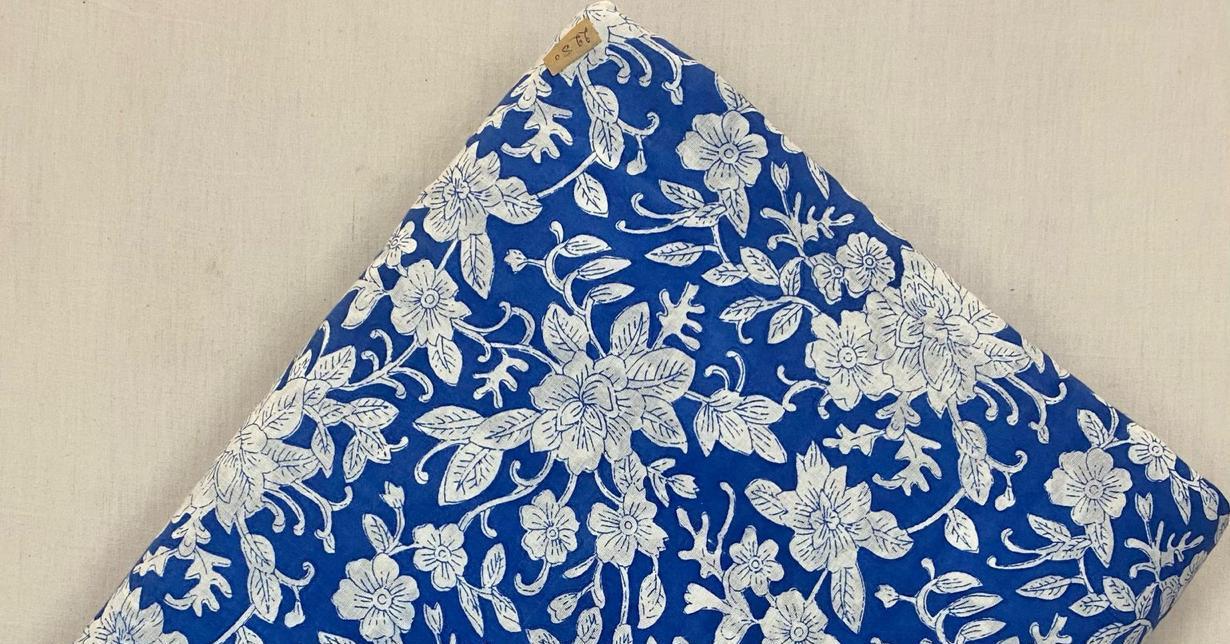 Indian Hand Block Print Fabric, Blue Floral 100% Cotton Quilting Fabric By The Yard, Fabric For Dress Making, Loose Running Fabric