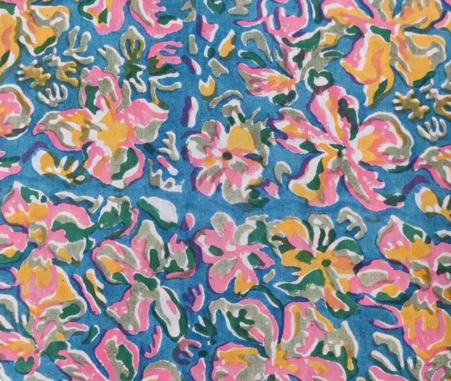 Blue Hand Block Printed Multicolor Fabric by the Yard, Indian Cotton for Sewing, Quilting, Women's Dressmaking Fabric, Floral Kurta Fabric