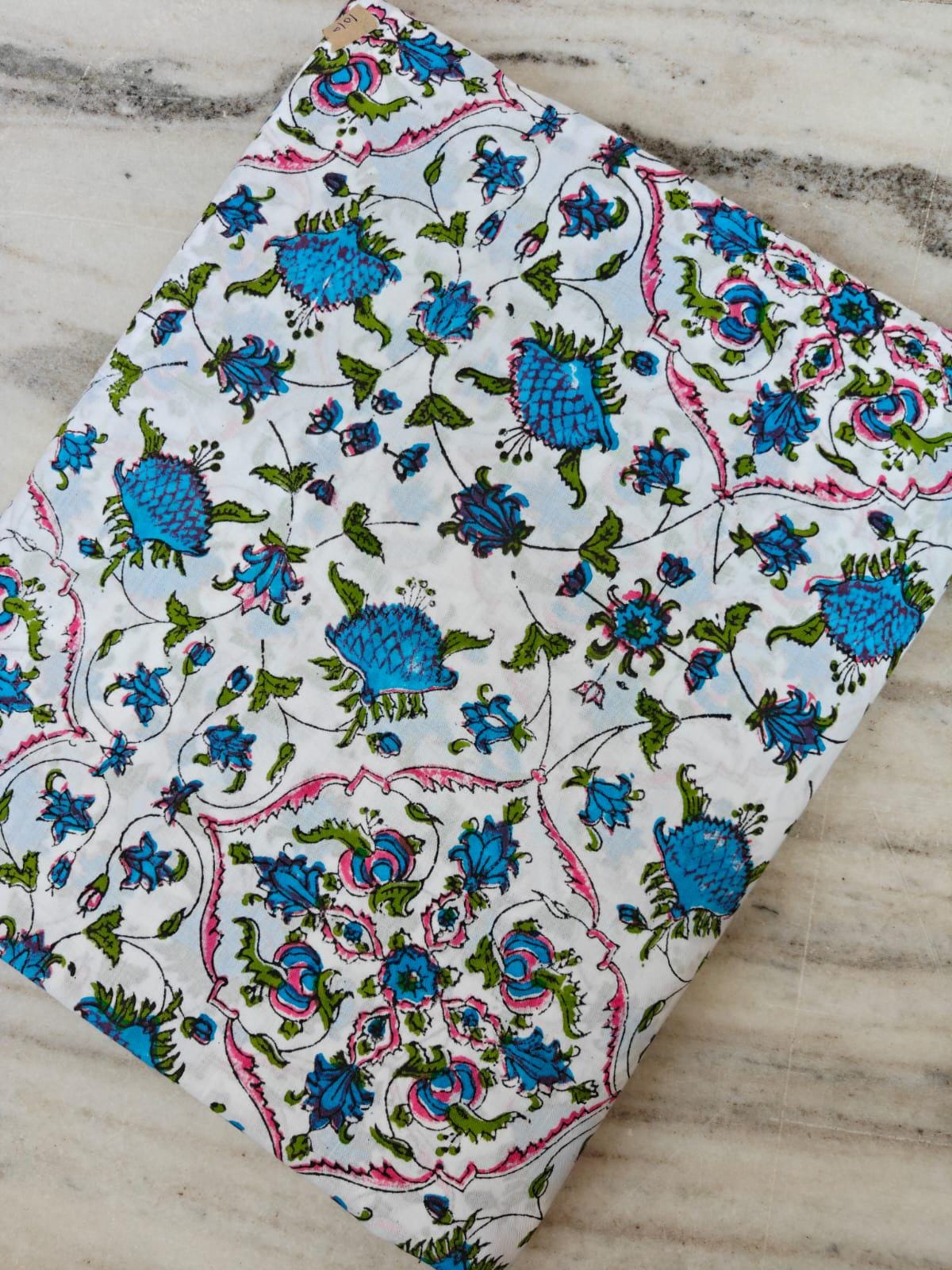 White Blue Designer Hand Block Print Fabric, Red Floral 100% Cotton Quilting Fabric By The Yard, Fabric Dress Making, Loose Running Fabric