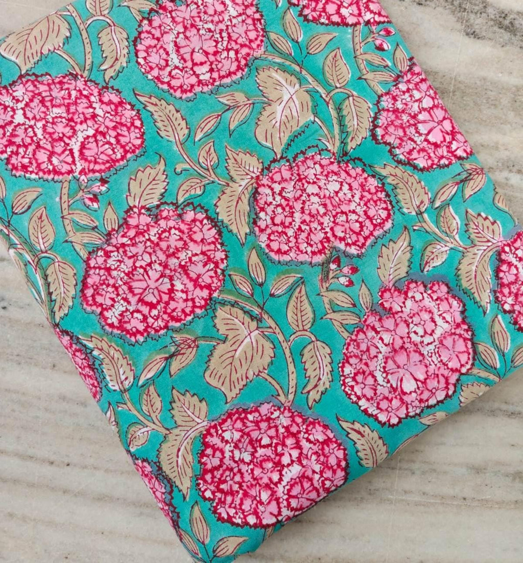 Teal Pink Floral Block Print Cotton Fabric Indian Hand Block Printed Fabric by the Yard, Soft Cotton Summer Floral Print Fabric Dress Making