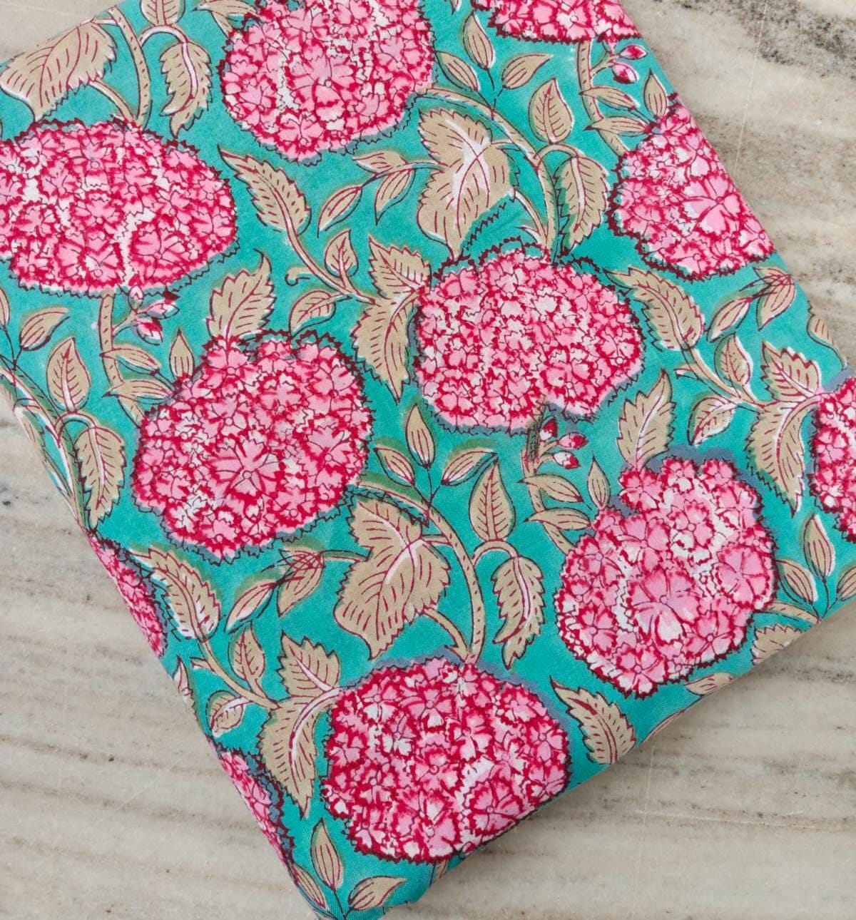 Teal Pink Floral Block Print Cotton Fabric Indian Hand Block Printed Fabric by the Yard, Soft Cotton Summer Floral Print Fabric Dress Making