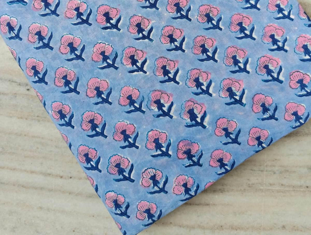 Blue Pink Floral Block Print Fabric, Hand Block Printed Cotton Fabric, Indian Floral Textile Fabric For Dress Making, Loose Running Fabric