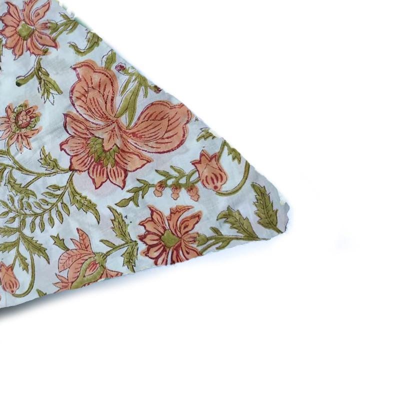 Floral Cotton Cushion Cover, Hand Block Print Pillow Cover, Peach Green Flower Print Throw Pillow, Boho Decorative Sofa Cushion, Home Decor