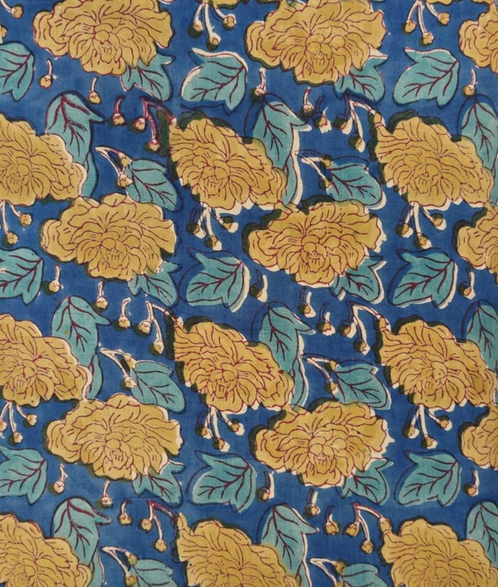 Blue Yellow Floral Cotton Fabric | Indian Block Print Fabric by Yard | Handmade Cotton Textile | Quilting Sewing Craft Dressmaking Fabric