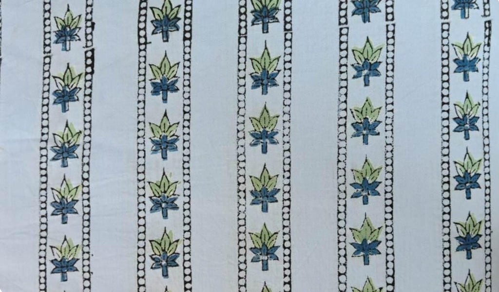 Light Blue Floral Stripe Cotton Fabric, Blue Hand Block Print Fabric By The Yard, Indian Soft Cotton for Quilting, Dressmaking, Sewing Craft