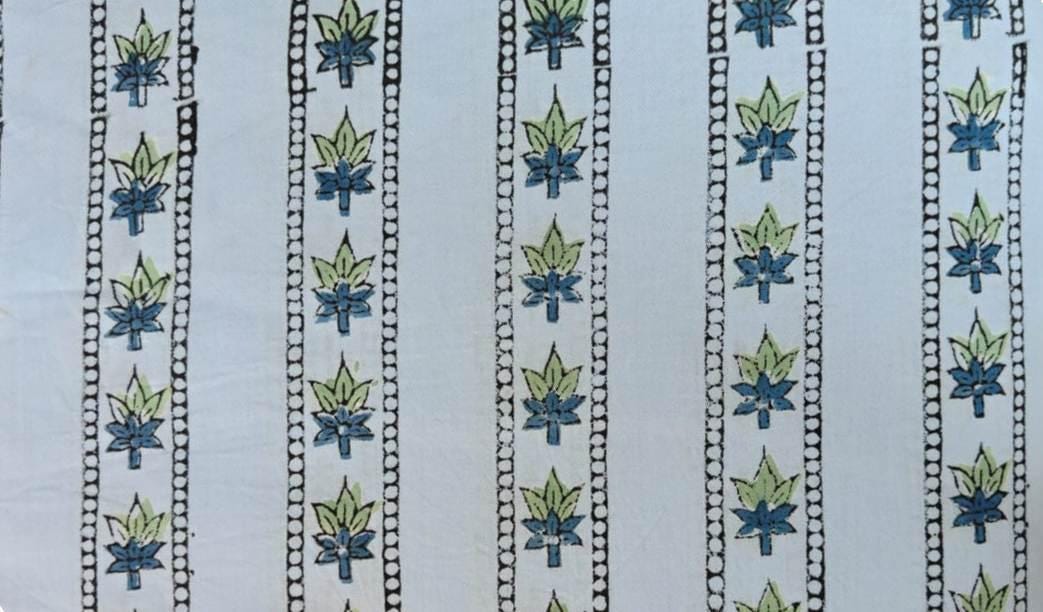 Light Blue Floral Stripe Cotton Fabric, Blue Hand Block Print Fabric By The Yard, Indian Soft Cotton for Quilting, Dressmaking, Sewing Craft