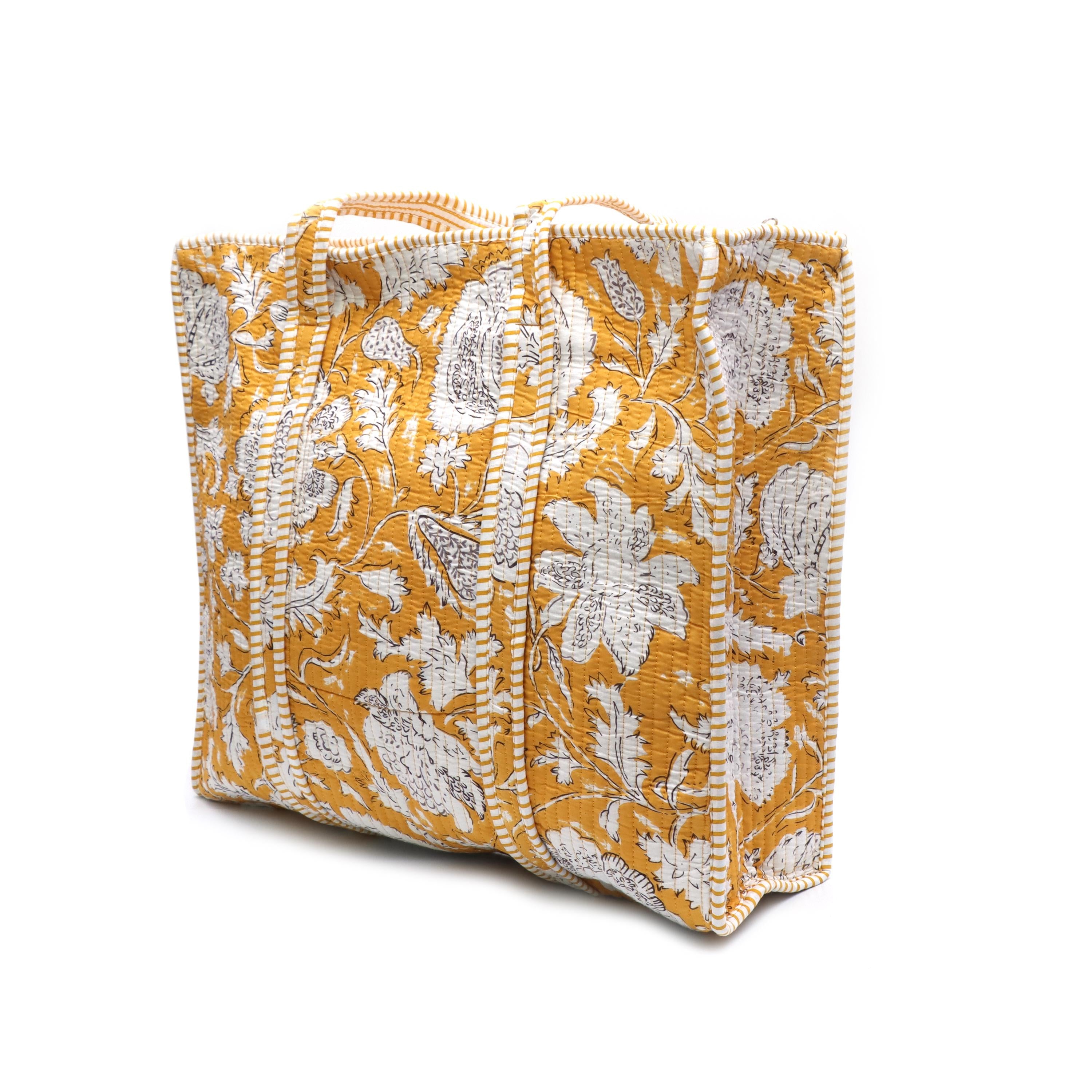 Mustard Handmade Quilted Cotton Tote Bag, Floral Shoulder Bag, Large Everyday Tote Purse, Block Print Market Bag, Shopper Gift for Women