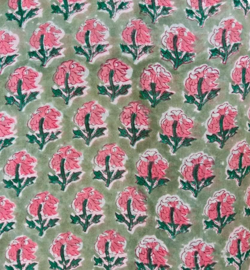 Sage Green Pink Floral Cotton Fabric by Yard, Hand Block Print Fabric, Indian Flower Cotton Material, Quilting Sewing Fabric, Boho Textile