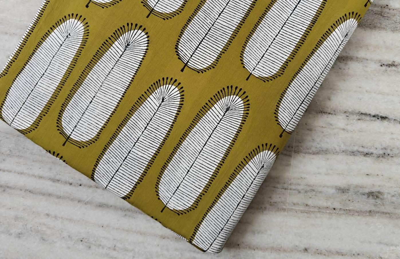 Mustard Yellow Cotton Fabric with Feather Print | Modern Leaf Pattern | Soft Indian Fabric by the Yard for Quilting, Sewing & Dressmaking
