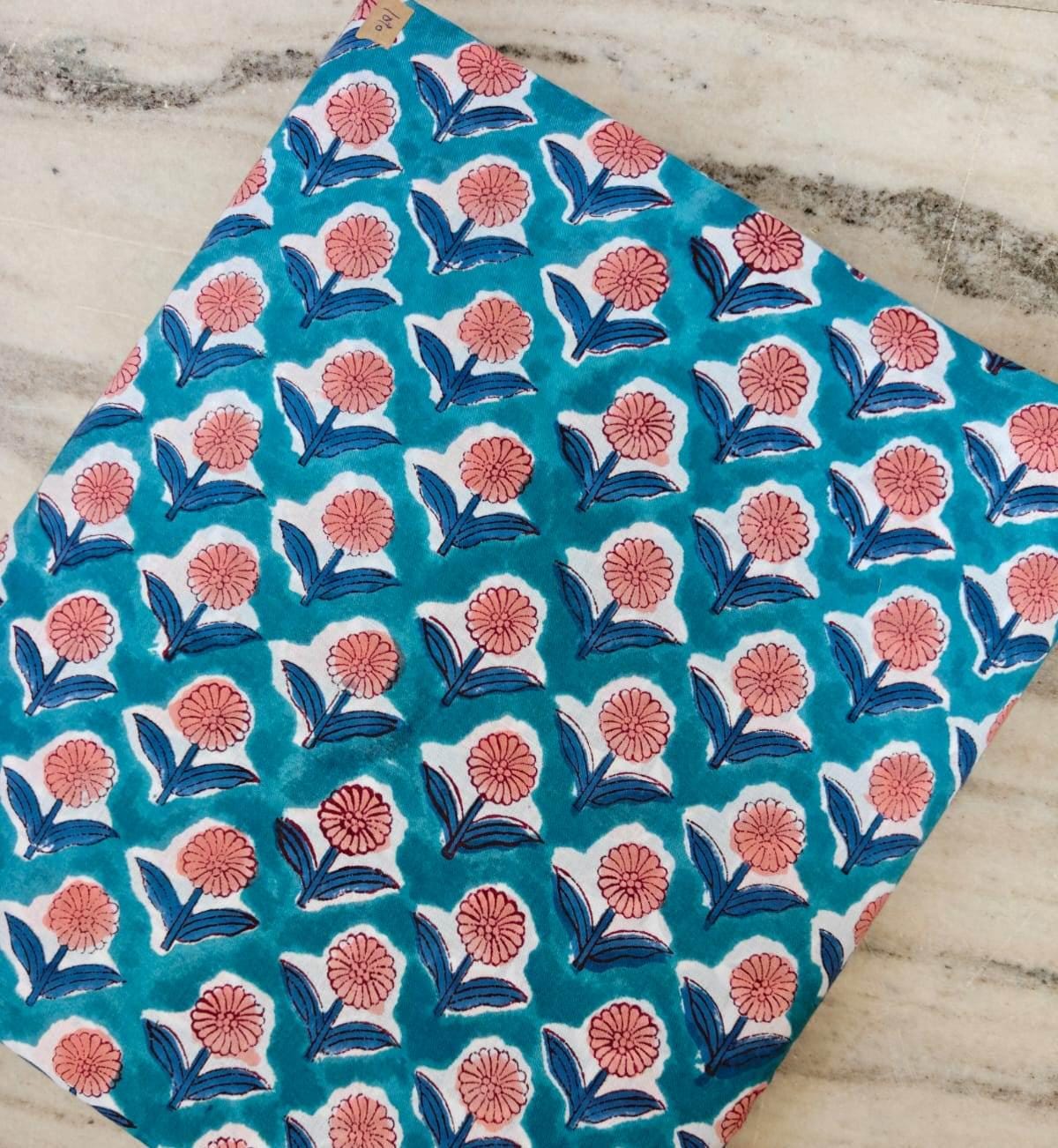 Blue Green Indian Hand Block Print Fabric, Floral 100% Cotton Quilting Fabric By The Yard, Dressmaking Fabric, Napkins Fabric, Loose Fabric