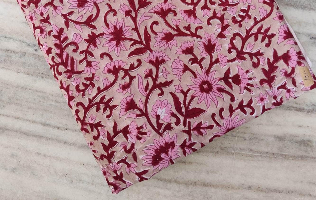 Pink Floral Block Print Cotton Fabric by the Yard, Soft Indian Cotton for Sewing, Dressmaking, Kurta, Quilting, Handmade Running Fabric