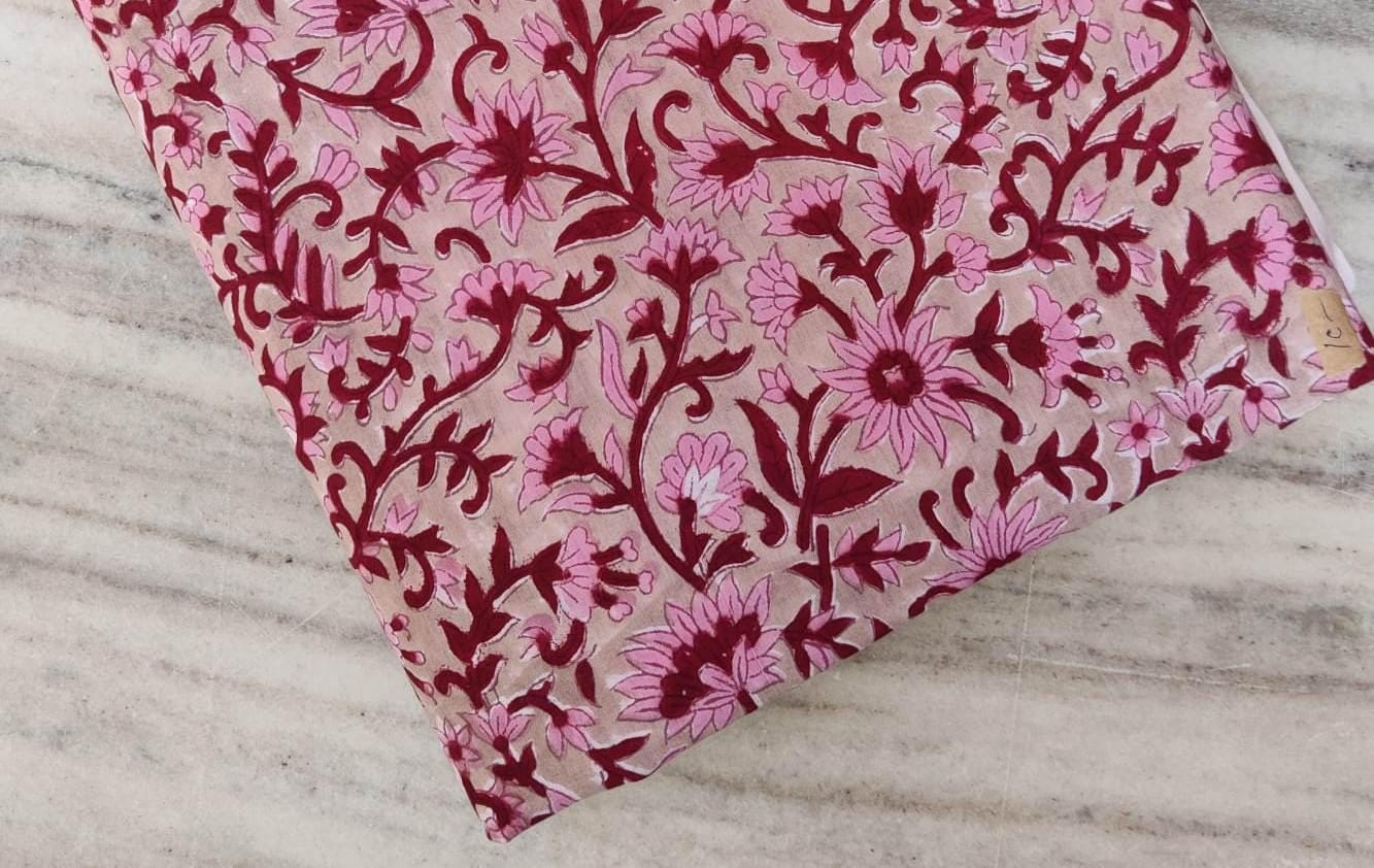 Pink Floral Block Print Cotton Fabric by the Yard, Soft Indian Cotton for Sewing, Dressmaking, Kurta, Quilting, Handmade Running Fabric