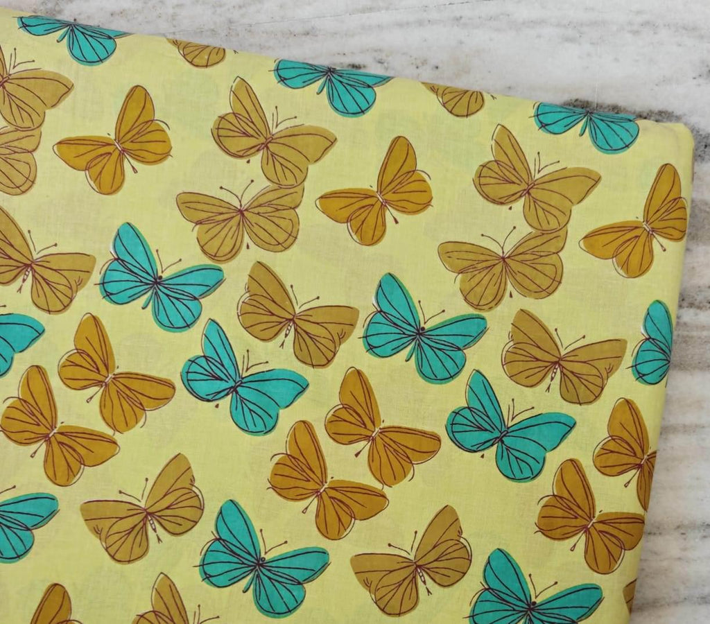 Yellow Butterfly Cotton Fabric, Teal & Mustard Butterfly Print, Quilting Fabric by the Yard, Sewing Craft Fabric, Summer Fabric Dressmaking