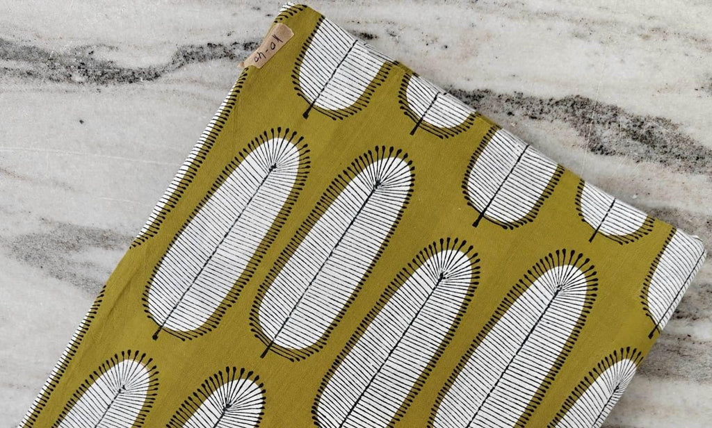 Mustard Yellow Cotton Fabric with Feather Print | Modern Leaf Pattern | Soft Indian Fabric by the Yard for Quilting, Sewing & Dressmaking