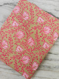 Pink Floral Cotton Fabric, Hand Block Print Fabric, Indian Cotton By The Yard, Flower Fabric Napkins, Soft Cotton Dressmaking Loose Fabric