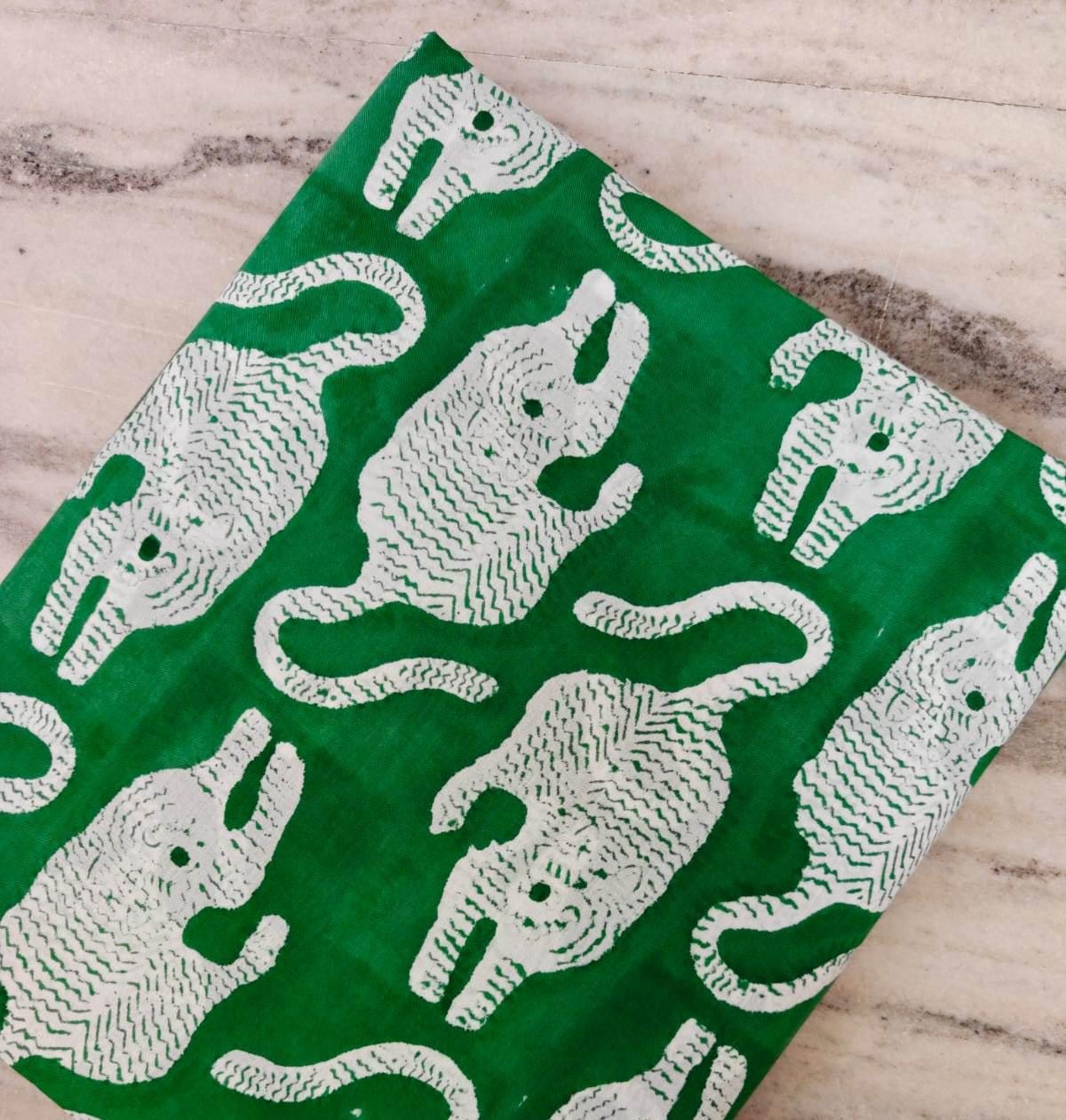 Green Elephant Hand Block Print Cotton Fabric, Indian Animal Print Textile, Quilting, Upholstery, Nursery Craft Fabric, Safari Theme Fabric
