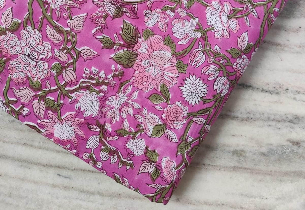 Pink Floral Cotton Fabric by the Yard, Hand Block Print Flowers, Soft Indian Cotton for Quilting, Sewing, Dressmaking Crafts, Textile Fabric
