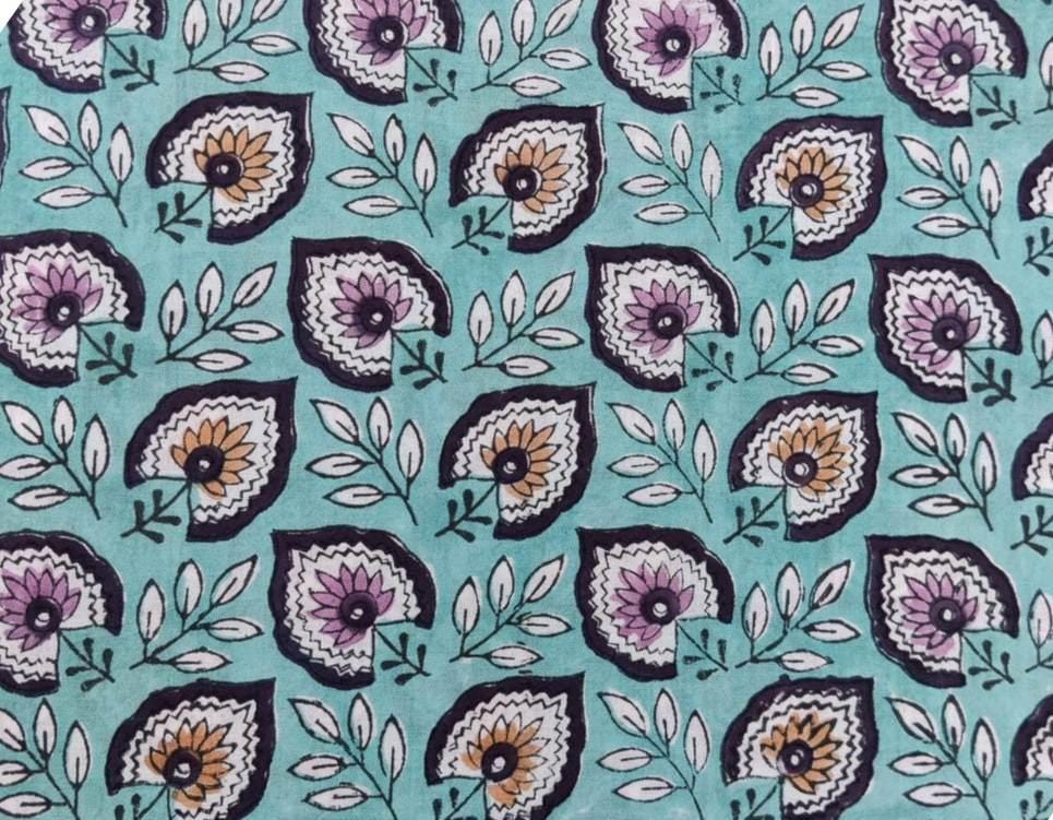Green Floral Cotton Fabric by the Yard, Hand Block Print Pink Flowers, Soft Indian Cotton for Quilting, Dressmaking, Loose Running Fabric
