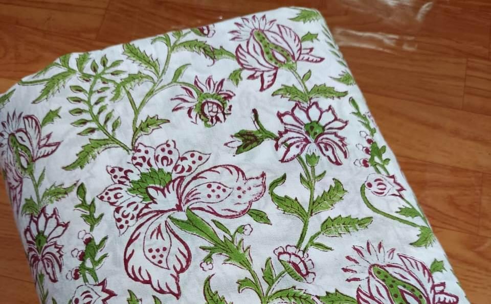Green & Maroon Hand Block Print Fabric, White Floral Cotton Fabric by the Yard, Indian Soft Cotton Loose Running Fabric, Textile Fabric