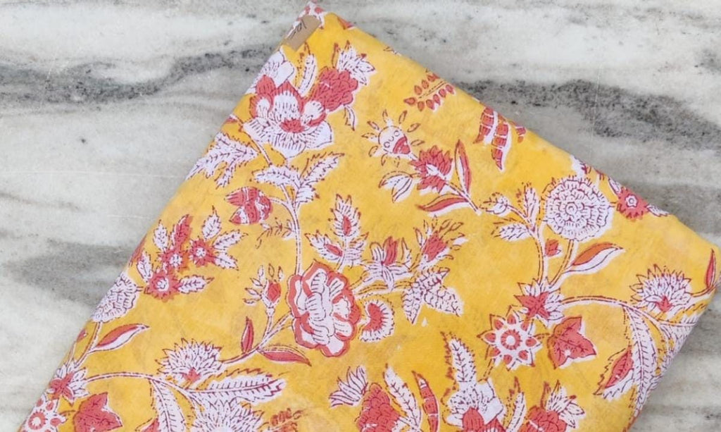 Yellow Floral Hand Block Print Cotton Fabric: Soft Indian Textile