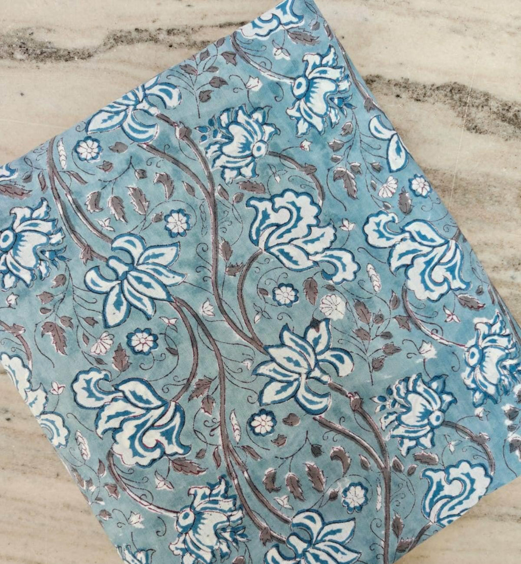 Blue Floral Cotton Fabric by the Yard, Indian Hand Block Print Cotton, Vintage Boho Floral Sewing Fabric, Quilting Dressmaking