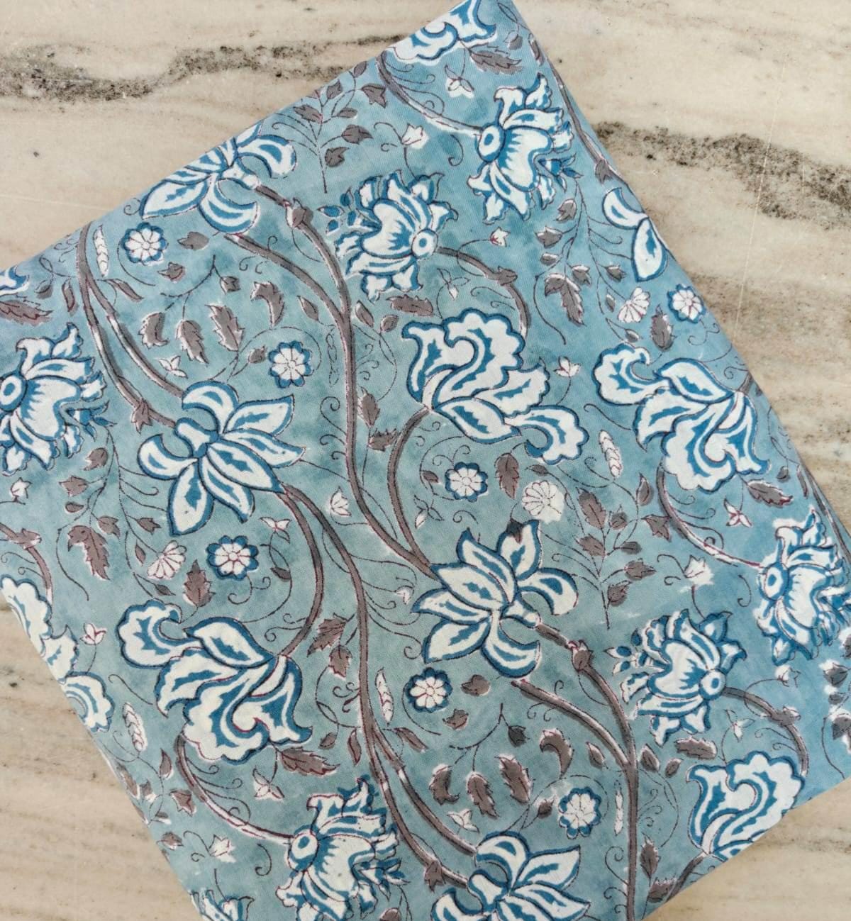Blue Floral Cotton Fabric by the Yard, Indian Hand Block Print Cotton, Vintage Boho Floral Sewing Fabric, Quilting Dressmaking