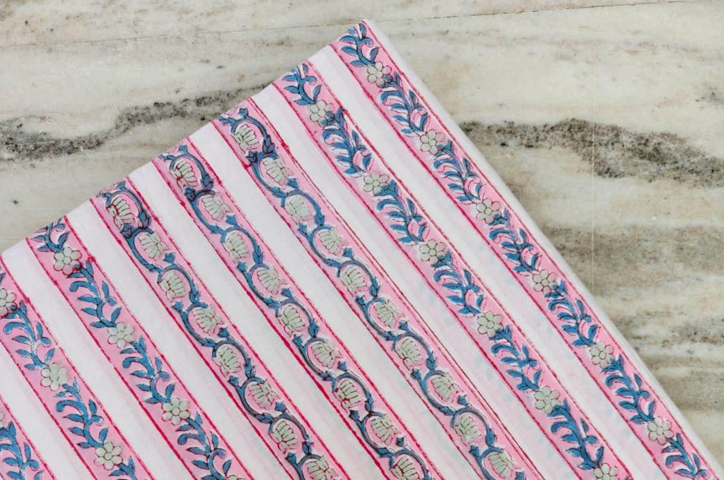 Striped Floral Cotton Fabric, Pink & Blue Hand Block Print Cotton Fabric, Soft Indian Cotton for Quilting, Sewing Fabric, Textile Fabric