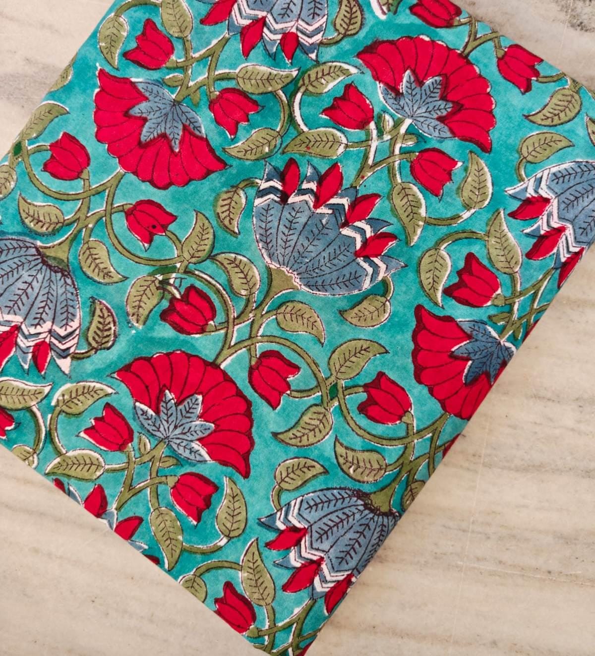 Hand Block Print Cotton Fabric, Floral Indian Fabric, Teal Red Flower Print, Soft Lightweight Cotton by Yard, Quilting Sewing Craft Fabric