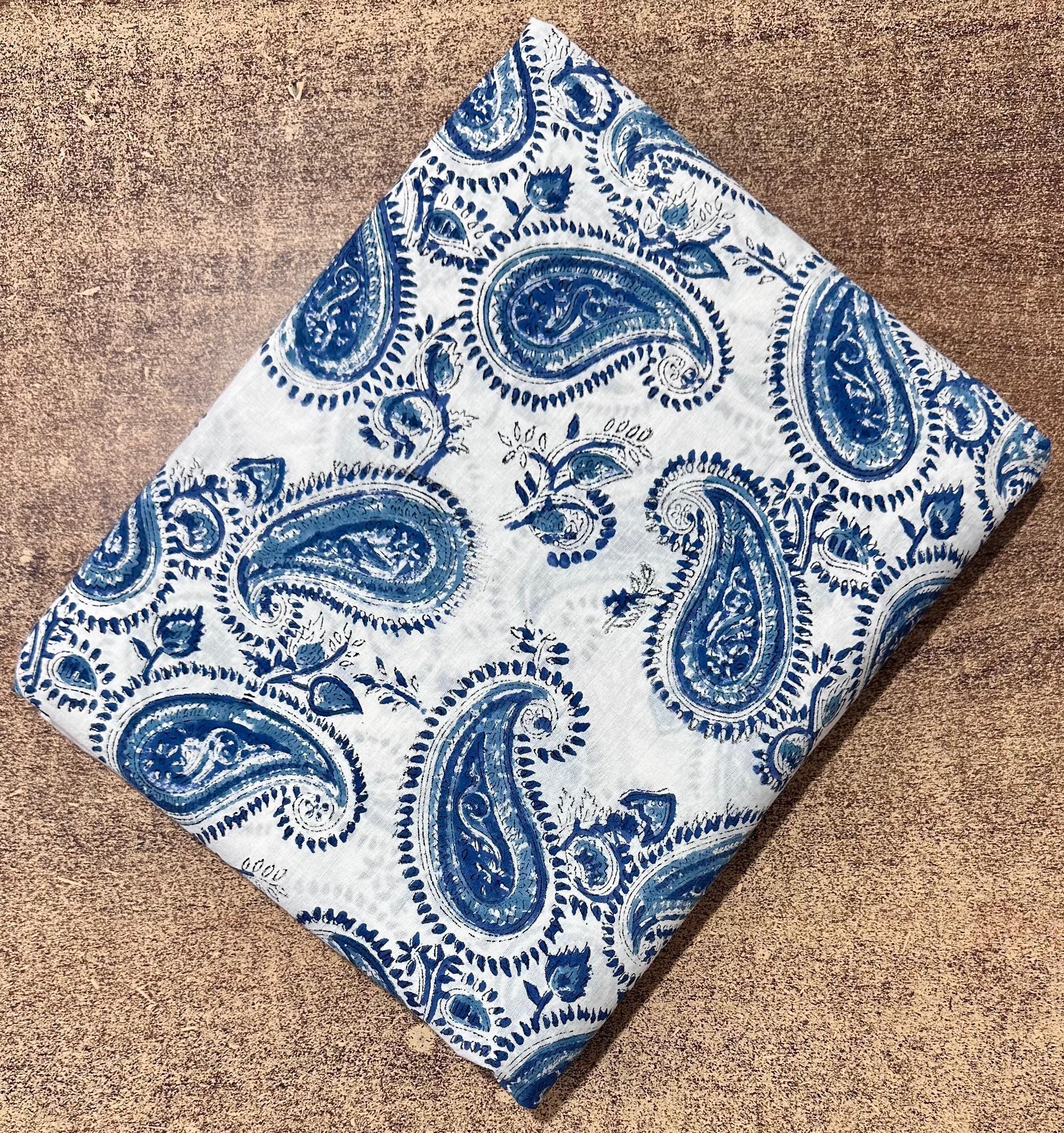 Indigo Blue Paisleyi Indian Hand Block Print Fabric, Soft Cotton Fabric, Floral 100% Cotton Fabric By The Yard, Fabric For Loose Running