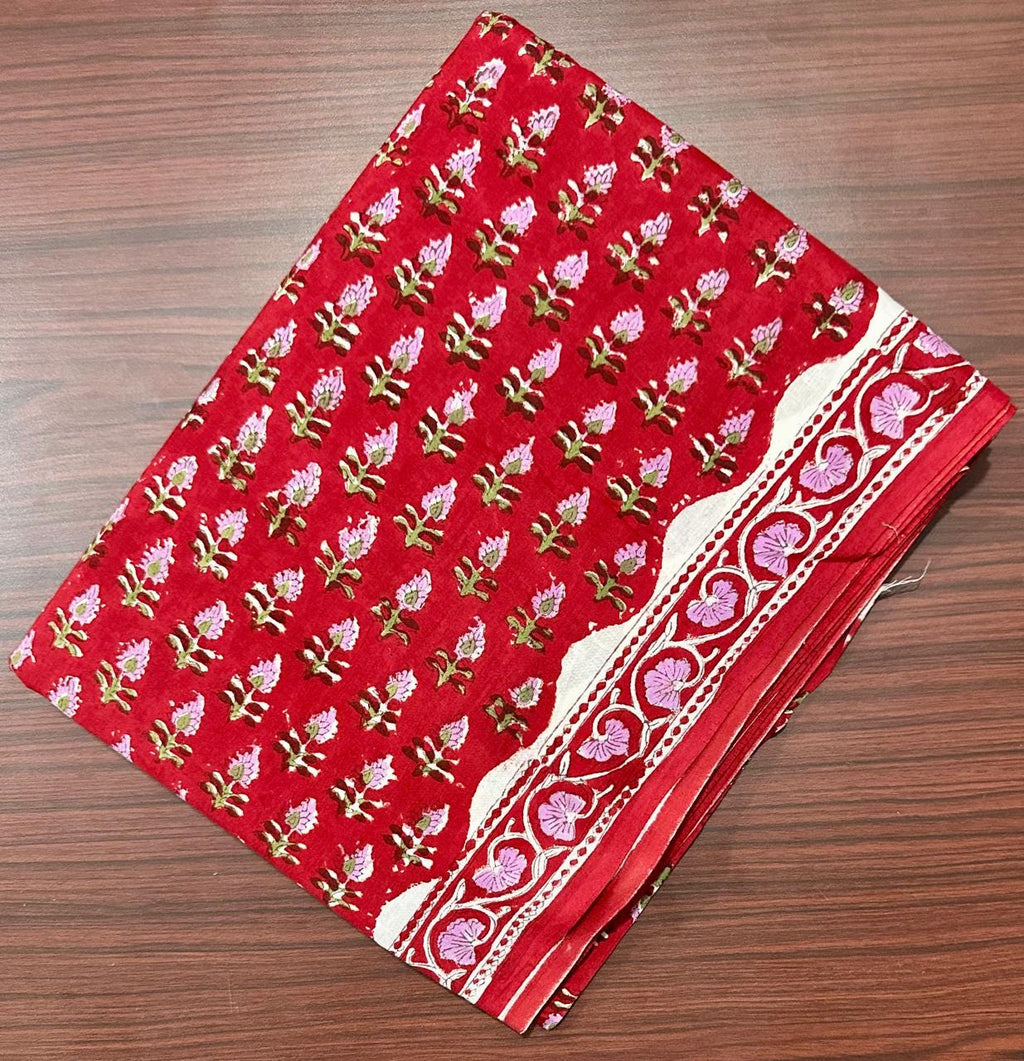 Red Floral Hand Block Print Cotton Fabric, Indian Block Printed Fabric by Yard, Ethnic Flower Print Fabric for Dress, Loose Running Fabric