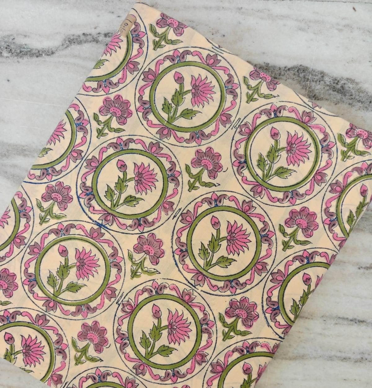 Pink Floral Block Print Cotton Fabric, Indian Hand Block Printed Fabric, Boho Flower Fabric by the Yard Quilting Cotton, Soft Cotton Textile