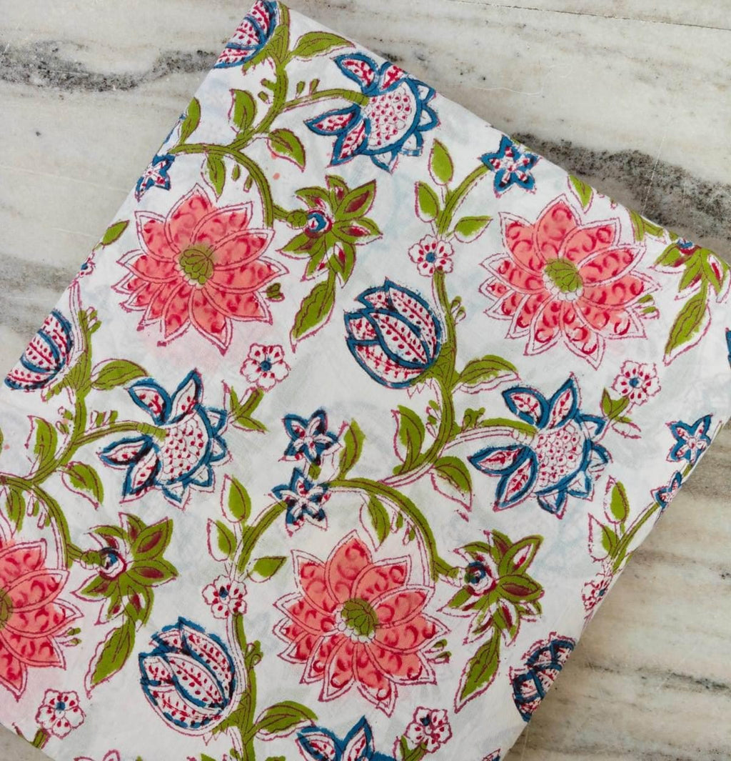 New Arrival Fabric Pink Blue Floral Block Print Cotton Fabric, Indian Hand Block Printed Fabric by the Yard, Boho Flower Pattern Fabric