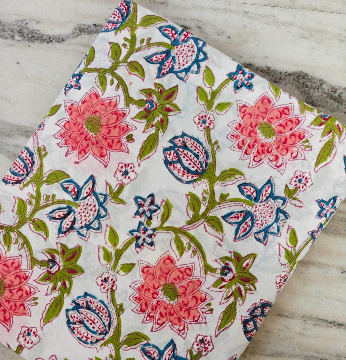 New Arrival Fabric Pink Blue Floral Block Print Cotton Fabric, Indian Hand Block Printed Fabric by the Yard, Boho Flower Pattern Fabric