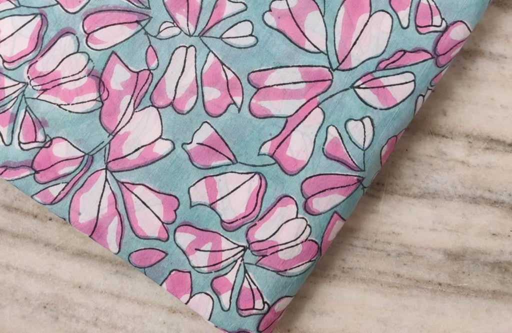 Aqua Blue Pink Floral Cotton Fabric, Soft Printed Cotton Material by the Yard, Quilting, Dressmaking, Hand Block Fabric, Textile Fabric
