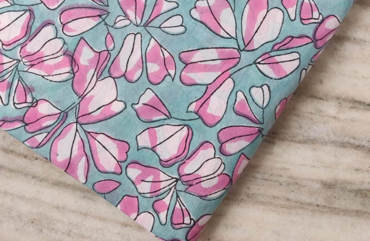 Aqua Blue Pink Floral Cotton Fabric, Soft Printed Cotton Material by the Yard, Quilting, Dressmaking, Hand Block Fabric, Textile Fabric