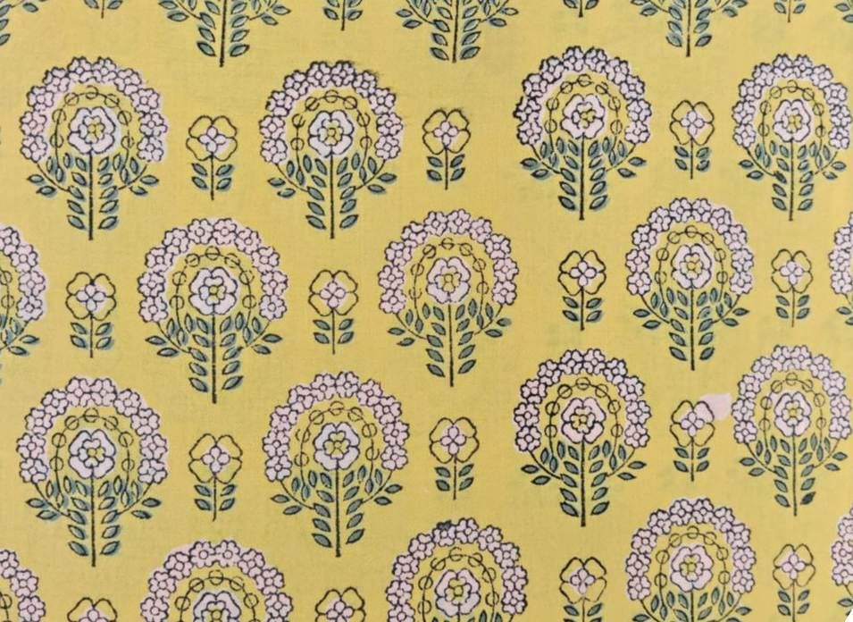 Hand Block Print Cotton Fabric, Yellow Floral Buta Pattern, Soft Lightweight Indian Cotton for Dressmaking, Quilting & Sewing, Napkins