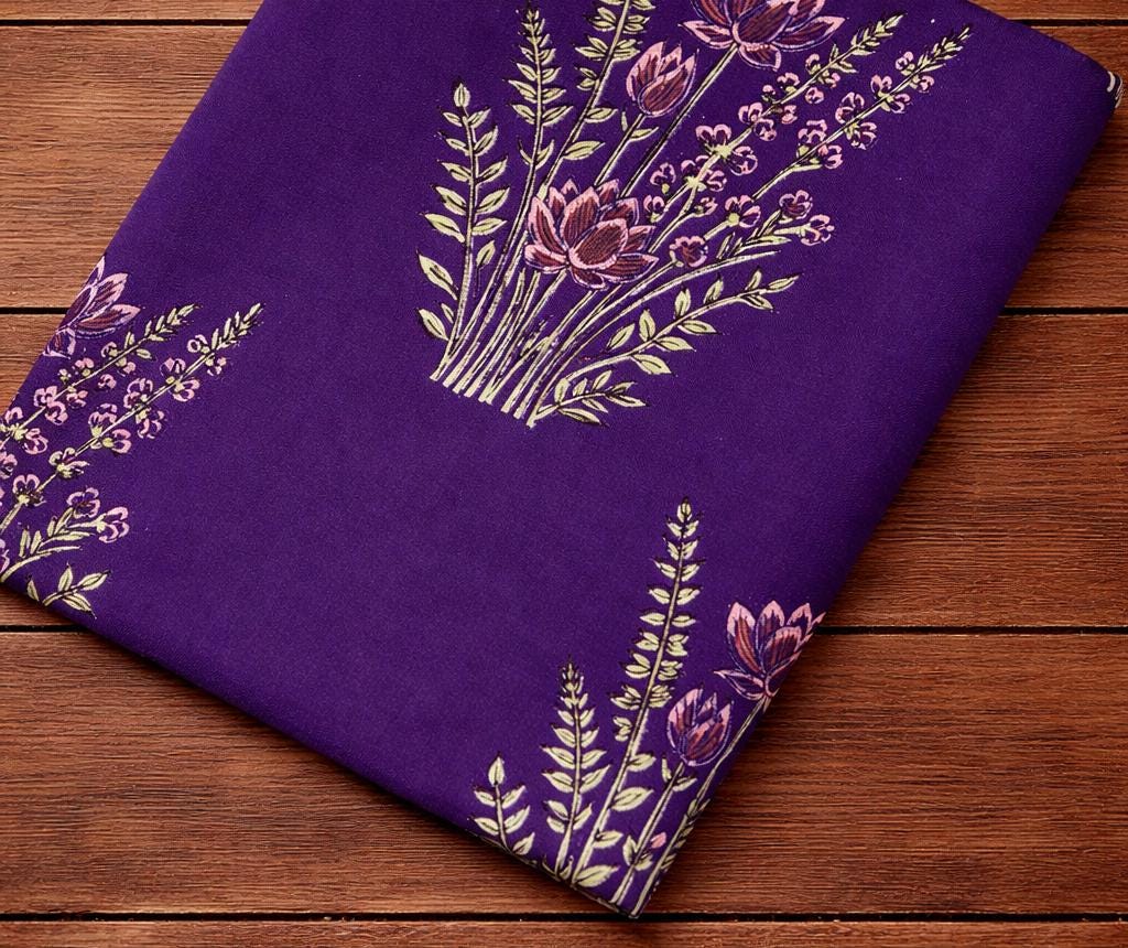 Purple Lotus Floral Cotton Fabric, Hand Block Print Indian Cotton Textile, Botanical Boho Fabric for Quilting Dress, Loose Running Fabric
