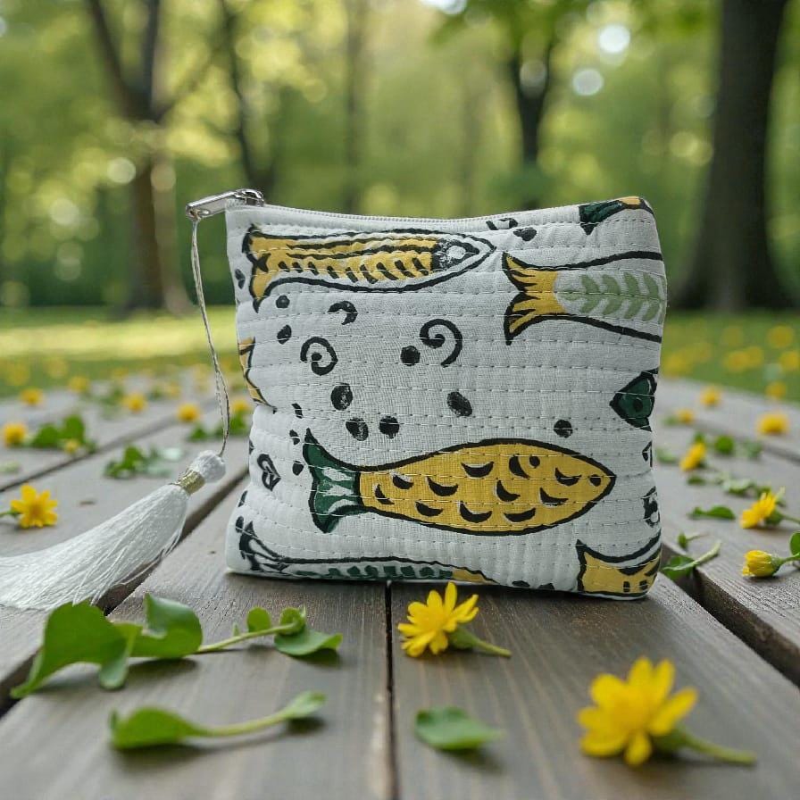 Handmade Mini Quilted Pouch with Fish Print | Boho Coin Purse | Small Zipper Bag with Tassel| Christmas Gifts